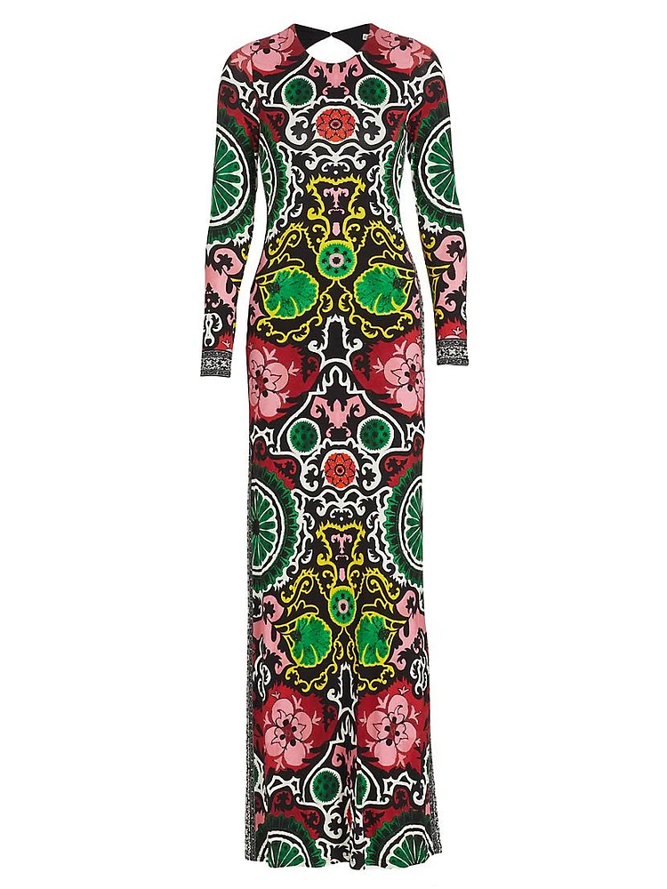 Delora Floral Damask Open-Back Maxi Dress