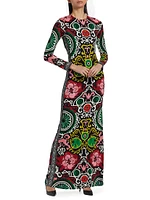 Delora Floral Damask Open-Back Maxi Dress