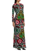 Delora Floral Damask Open-Back Maxi Dress