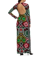 Delora Floral Damask Open-Back Maxi Dress