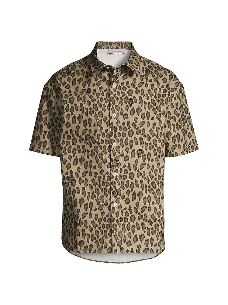 Embellished Leopard Cotton Twill Button-Up Shirt