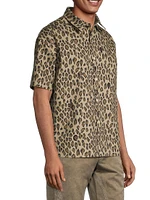 Embellished Leopard Cotton Twill Button-Up Shirt