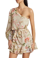 Floral Broderie Anglaise Tie-Waist One-Shoulder Minidress