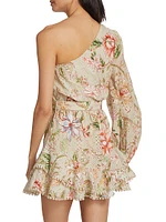 Floral Broderie Anglaise Tie-Waist One-Shoulder Minidress