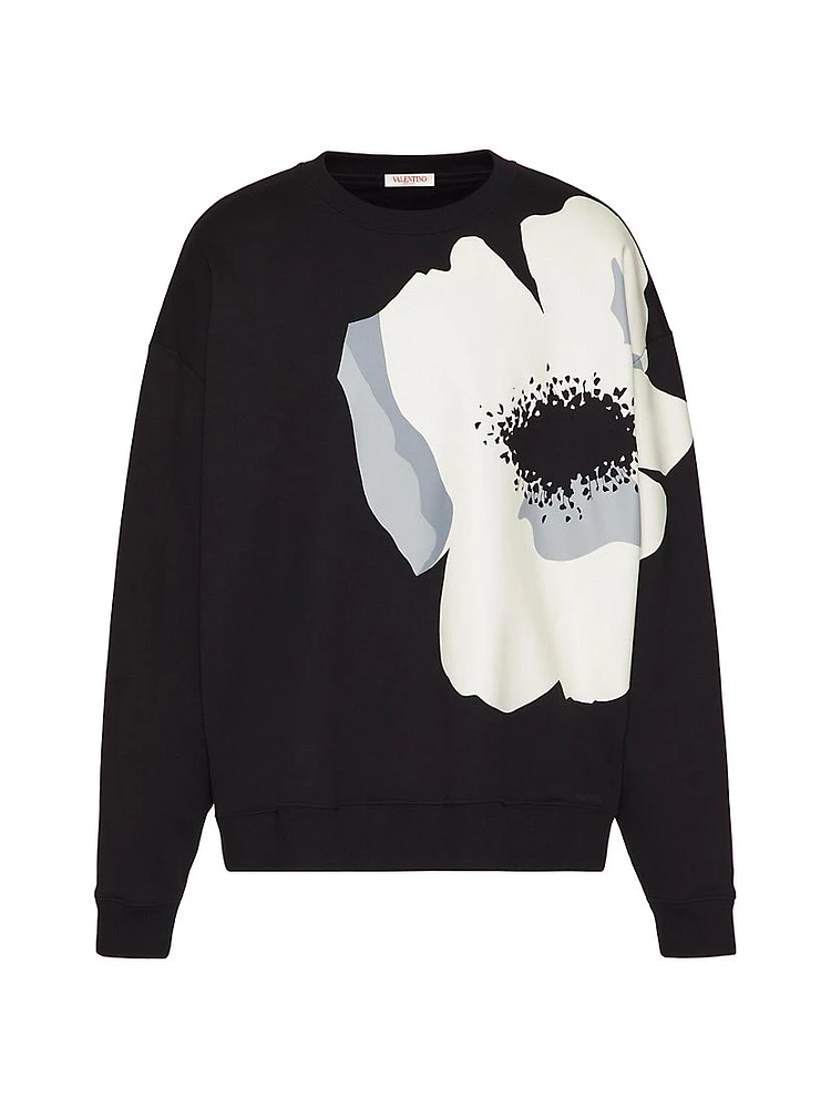 Cotton Crewneck Sweatshirt With Flower Portrait Print