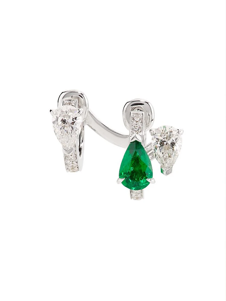 Serti Sur Vide 18K White Gold, 0.52 TCW Diamond & Emerald Single Huggie Hoop Earring - Right or Left