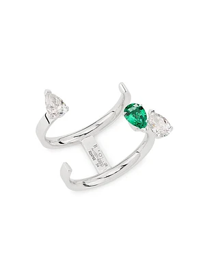 Serti Sur Vide 18K White Gold, 0.60 TCW Diamond & Emerald Cuff Ring