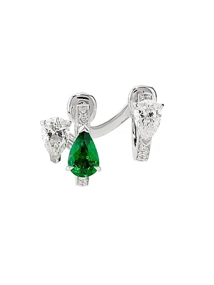 Serti Sur Vide 18K White Gold, TCW Diamond & Emerald Single Huggie Hoop Earring