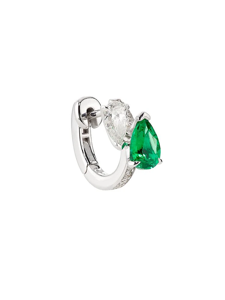 Serti Sur Vide 18K White Gold, Emerald & 0.28 TCW Diamond Single Huggie Hoop Earring - Left Or Right