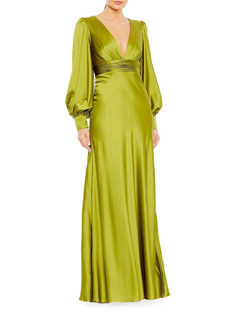 Ieena Satin Bishop-Sleeve Gown