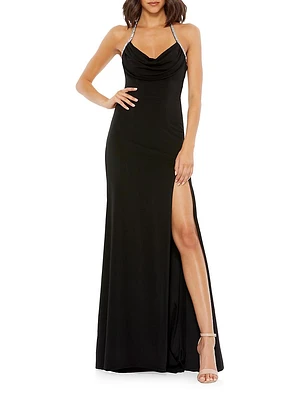 Embellished Cowlneck Backless Gown