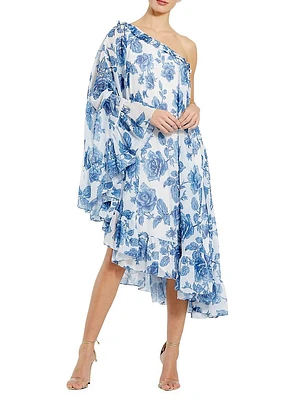 Floral Chiffon One-Shoulder Cape Midi-Dress