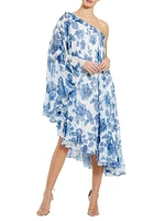 Floral Chiffon One-Shoulder Cape Midi-Dress