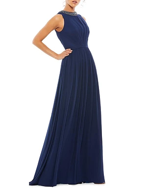 Embellished Jewel-Neck Sleeveless A-Line Gown