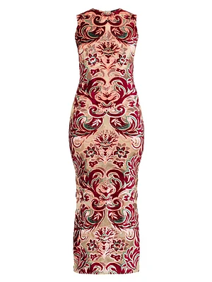 Damask Burnout Velvet Body-Con Midi-Dress