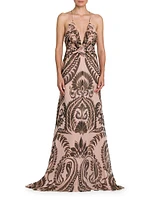 Damask Silk Ruffled V-Neck Gown