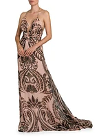 Damask Silk Ruffled V-Neck Gown