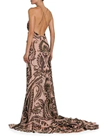 Damask Silk Ruffled V-Neck Gown