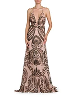 Damask Silk Ruffled V-Neck Gown