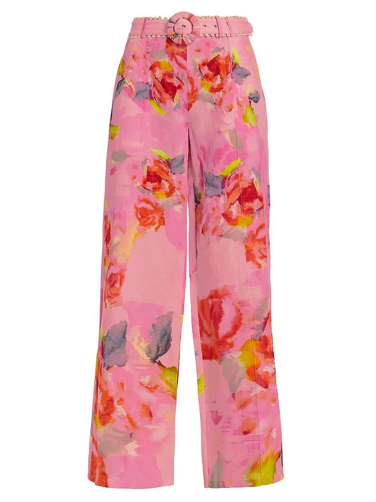 Belted Floral Wide-Leg Pants