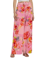 Belted Floral Wide-Leg Pants