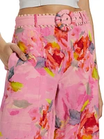 Belted Floral Wide-Leg Pants