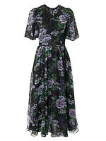 Silk Floral Short-Sleeve Midi-Dress