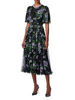 Silk Floral Short-Sleeve Midi-Dress