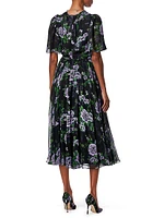 Silk Floral Short-Sleeve Midi-Dress