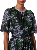 Silk Floral Short-Sleeve Midi-Dress