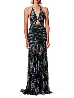 Silk Floral Halter Cut-Out Gown