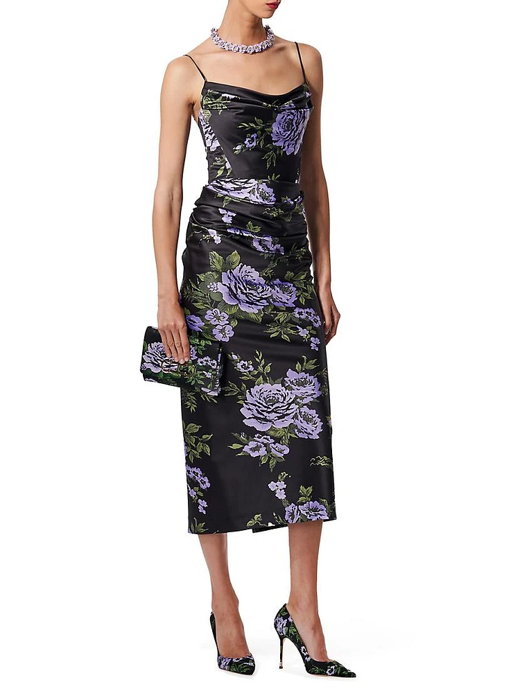 Floral Satin Cowl-Neck Midi-Dress