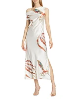 Squid Print Silk Charmeuse Cowl Midi-Dress