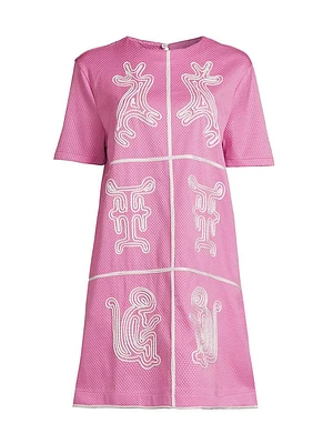 Embroidered Short-Sleeve Shift Minidress