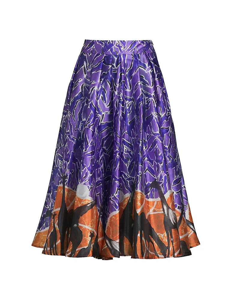 Abstract Giraffe Pleated Midi-Skirt