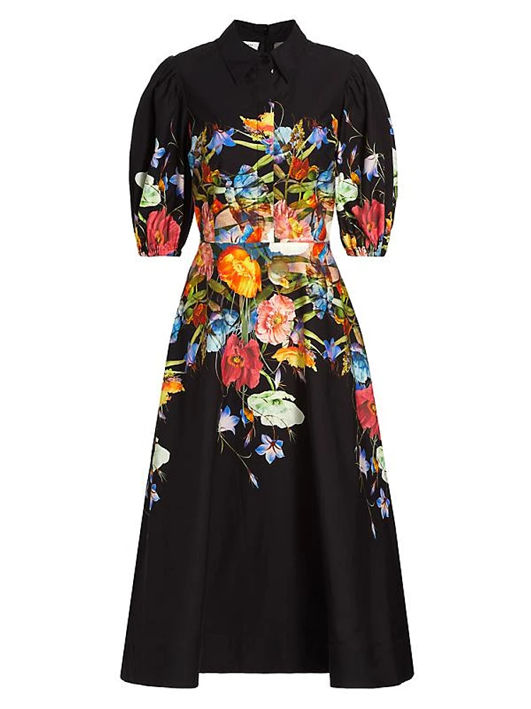 Floral Cotton Puff-Sleeve Midi-Dress