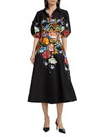 Floral Cotton Puff-Sleeve Midi-Dress