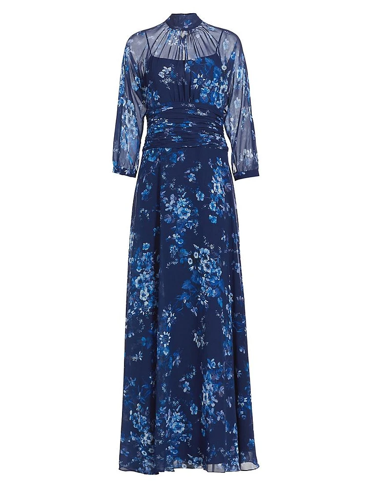 Floral Chiffon Mock Turtleneck Maxi Dress