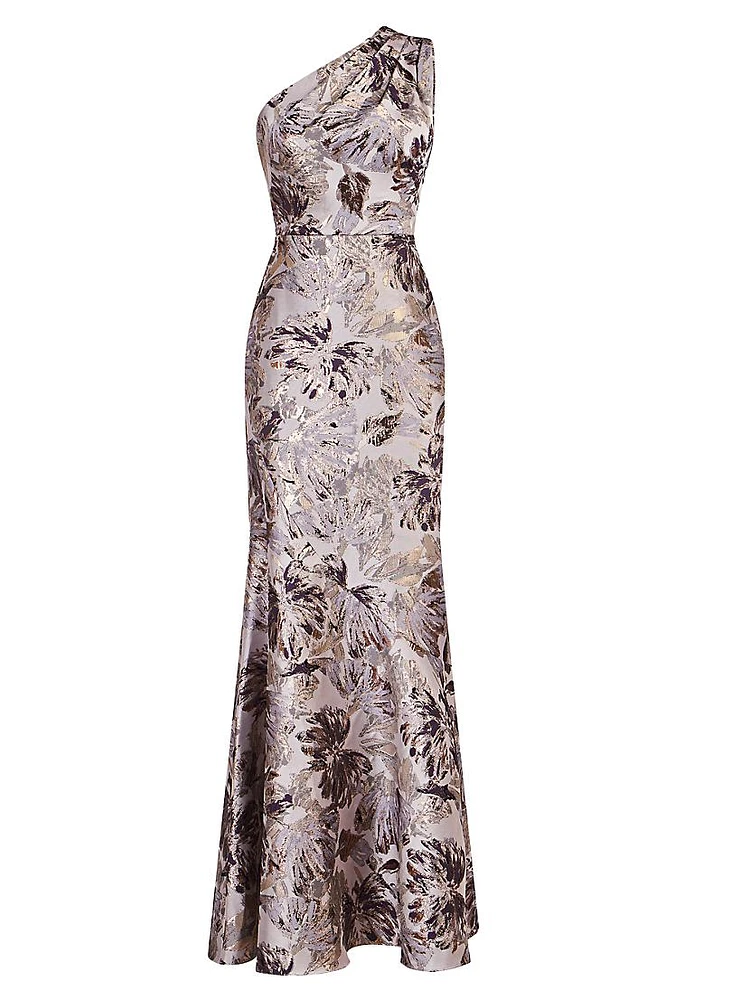 Gianella Metallic Floral Jacquard One-Shoulder Gown