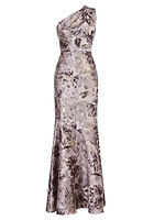 Gianella Metallic Floral Jacquard One-Shoulder Gown