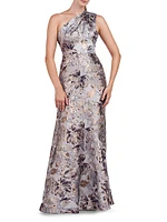 Gianella Metallic Floral Jacquard One-Shoulder Gown