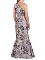 Gianella Metallic Floral Jacquard One-Shoulder Gown