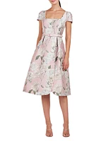 Mira Floral Jacquard Belted Midi-Dress