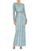 Crystal-Embellished Long-Sleeve Column Gown