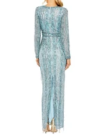 Crystal-Embellished Long-Sleeve Column Gown