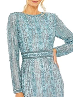 Crystal-Embellished Long-Sleeve Column Gown