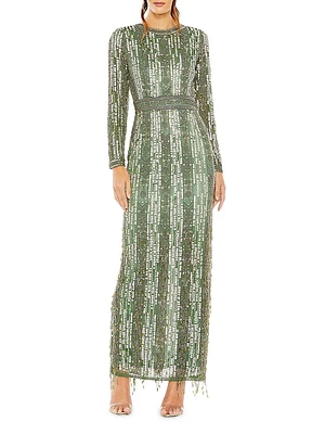 Crystal-Embellished Long-Sleeve Column Gown