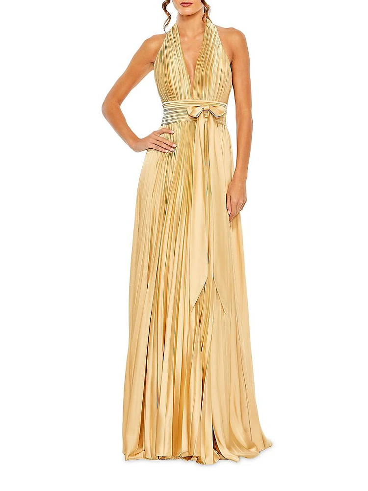 Satin Pleated Halter Maxi Dress