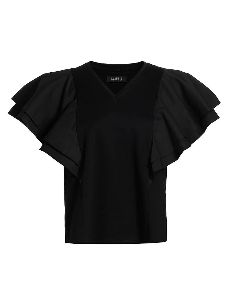 Cotton Ruffled V-Neck T-Shirt