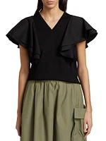 Cotton Ruffled V-Neck T-Shirt